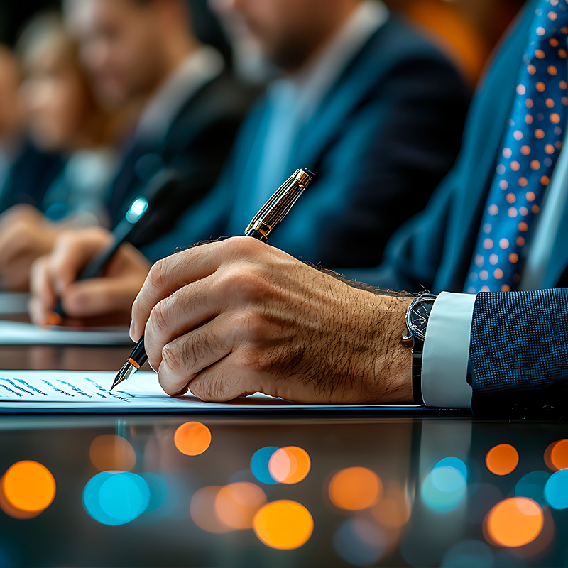 lose-up of executives signing documents at a formal business conference with microphones on the table.