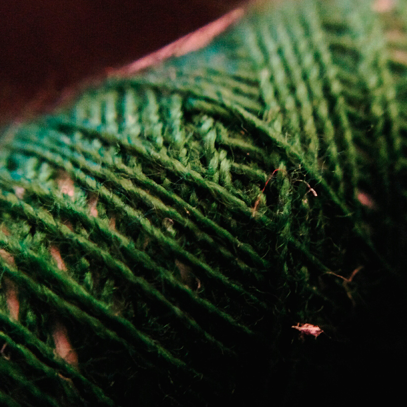 Macro close-up of green thread showing textile texture and woven fibers.