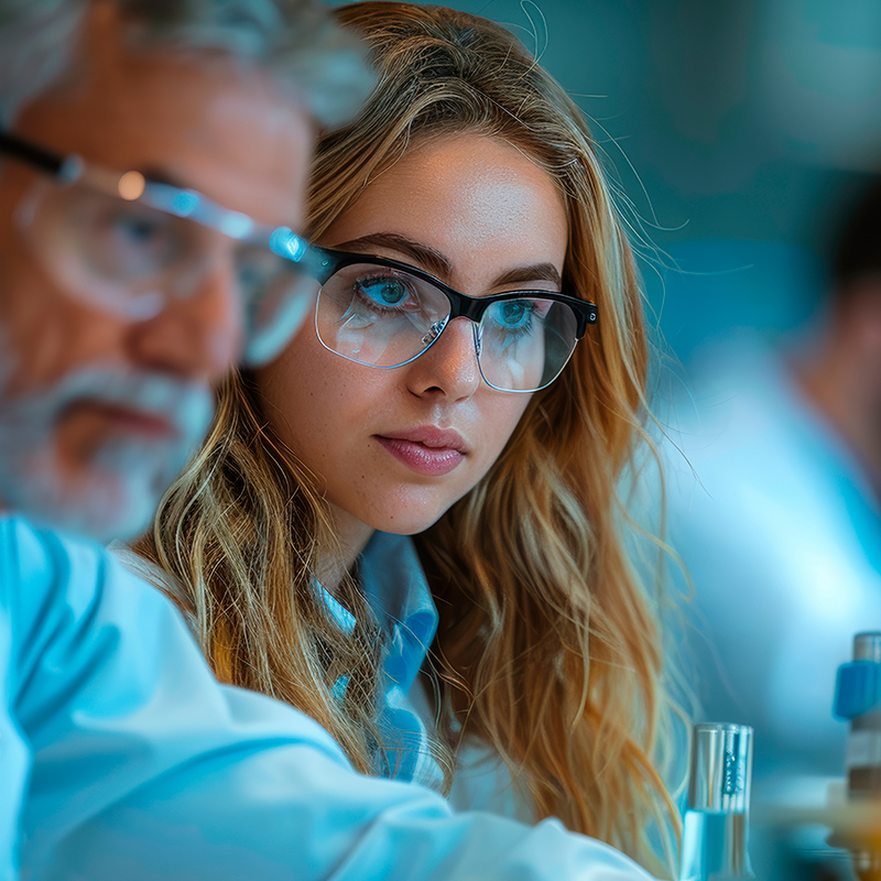 Researchers wearing lab coats and safety glasses working on scientific experiments in a laboratory.
