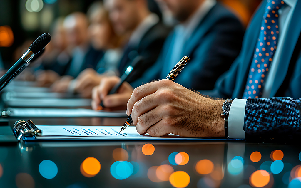 Business professionals in a meeting signing documents at a conference table, with microphones and formal attire in a corporate setting.