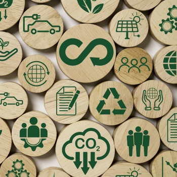 Wooden blocks with green sustainability icons including net zero, CO2 reduction, renewable energy, recycling, and circular economy.